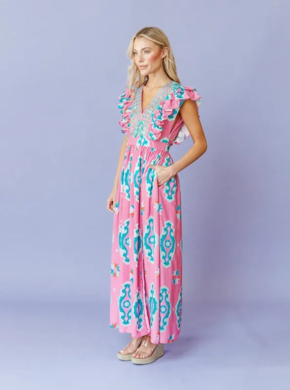 Stacey Dress in Watermelon Sunburst sold by Beau & Ro