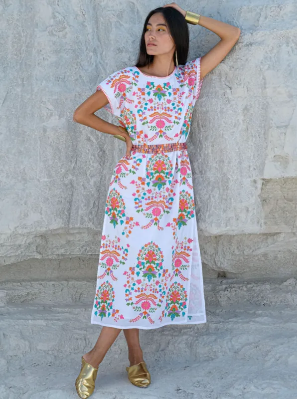 Malachite Kaftan in White / Golden Flowers Embroidery sold by Beau & Ro