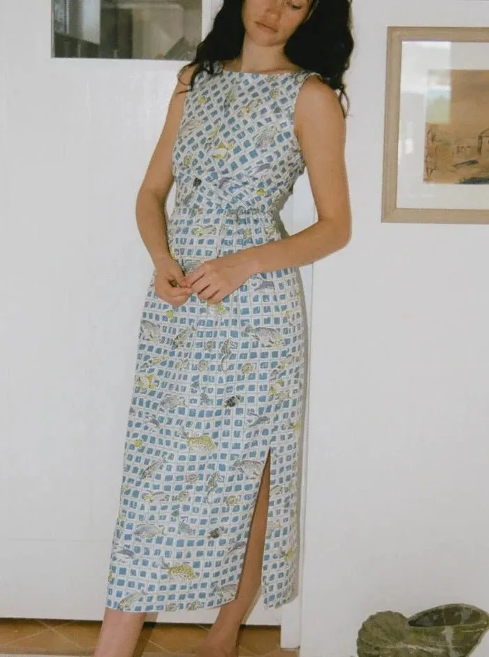 Gathered Midi Dress with Blue Fishing Net sold by Beau & Ro