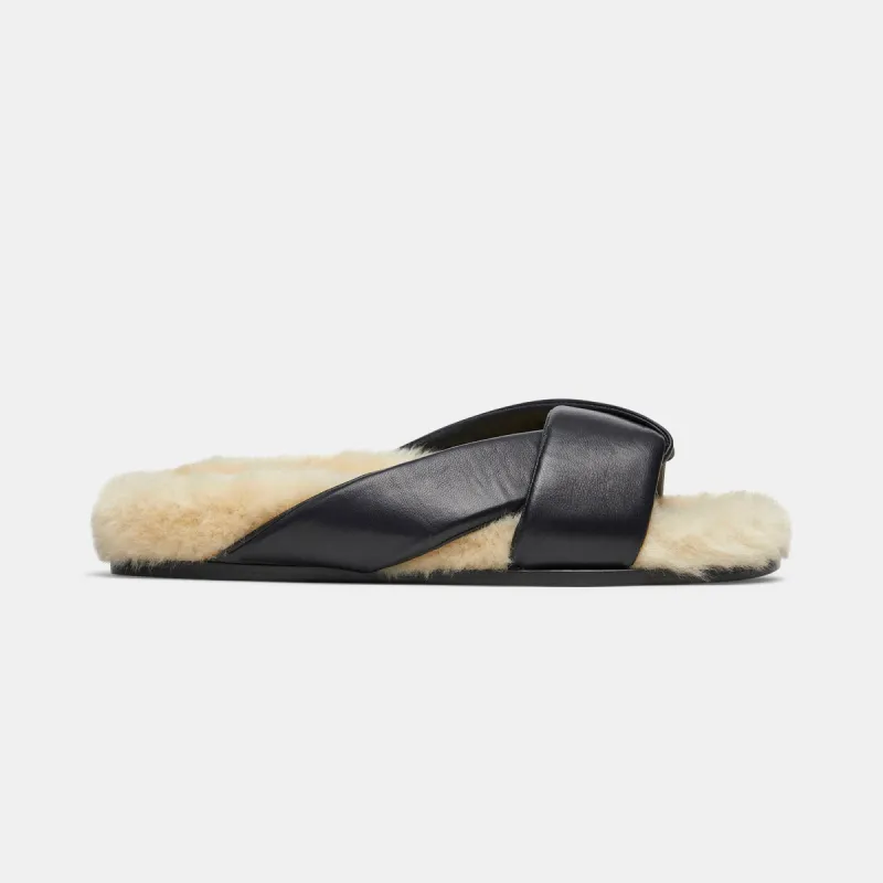 Folded Slide in Black Nappa and Shearling — Final Sale sold by Emme Parsons