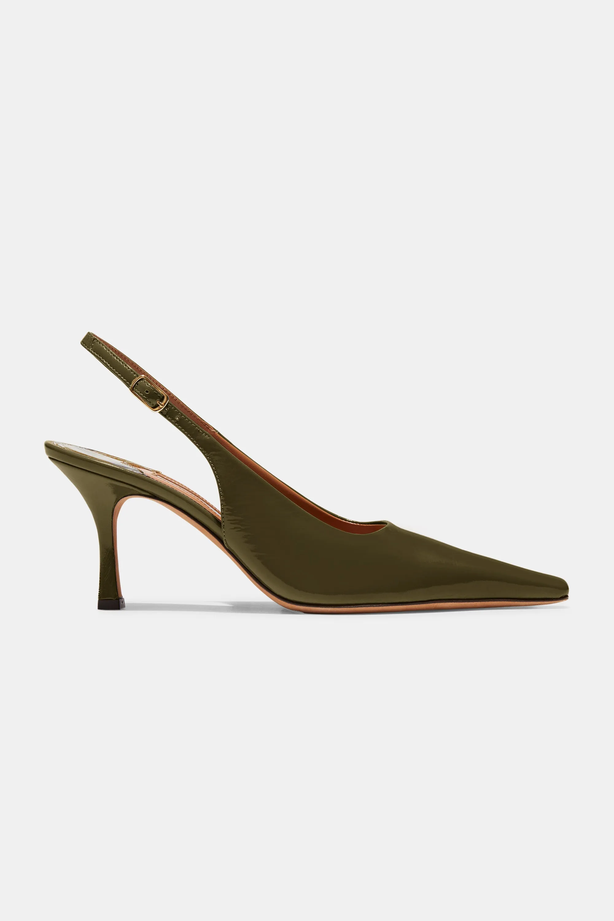 Elana Heel in Khaki Patent sold by Emme Parsons