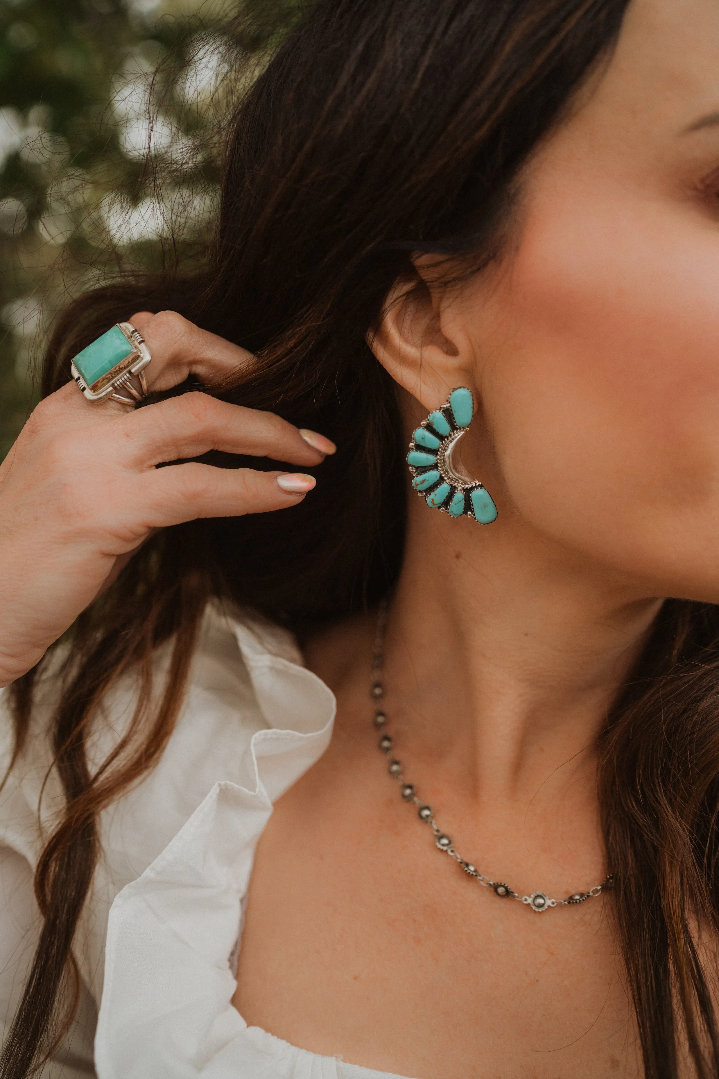 Claire | Large Turquoise and Silver Earrings sold by Goldie Lew