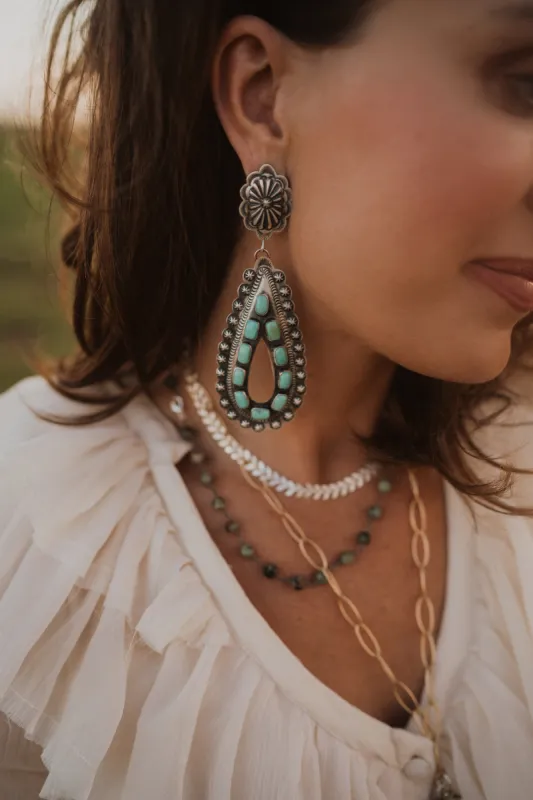 Bernie | XL Concho Turquoise Raindrop Hoops sold by Goldie Lew