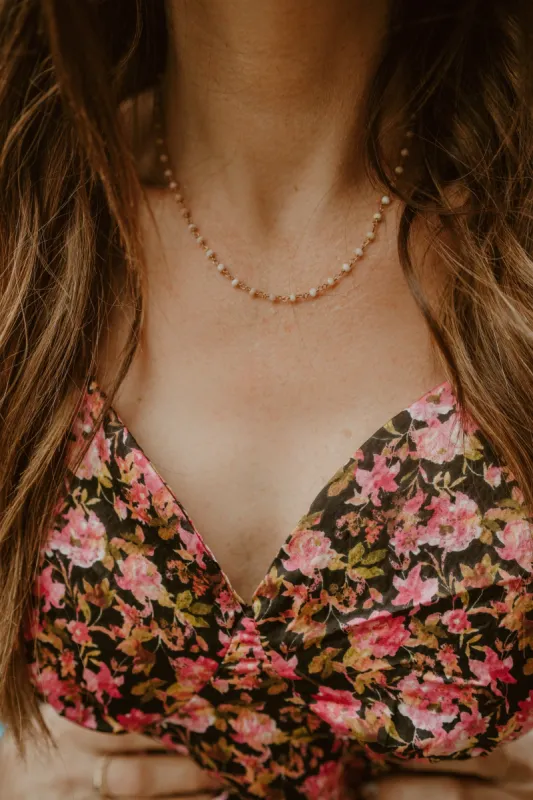 Mae Necklace | Rose Quartz + Rose Gold sold by Goldie Lew