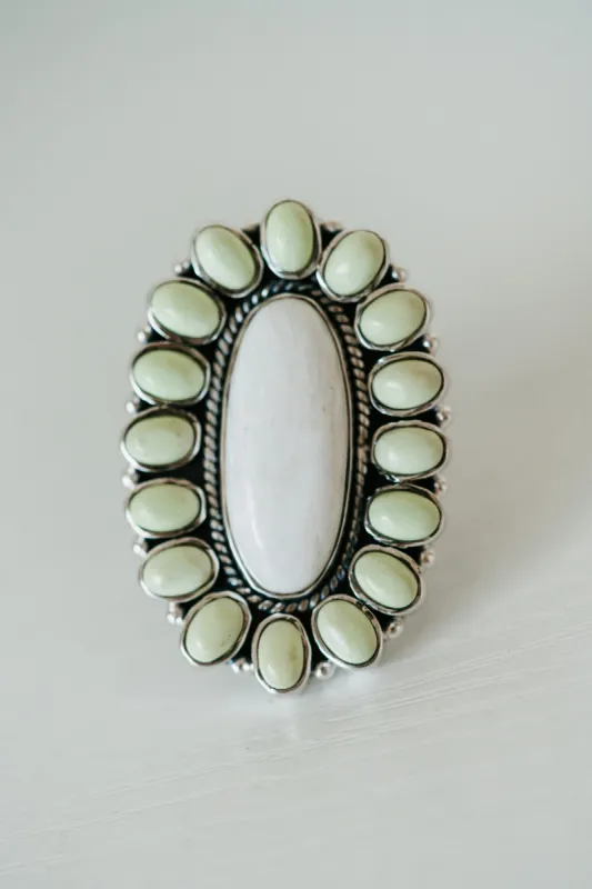 Grand Ole Opry Ring | Scolecite + Lemon Chrysoprase sold by Goldie Lew
