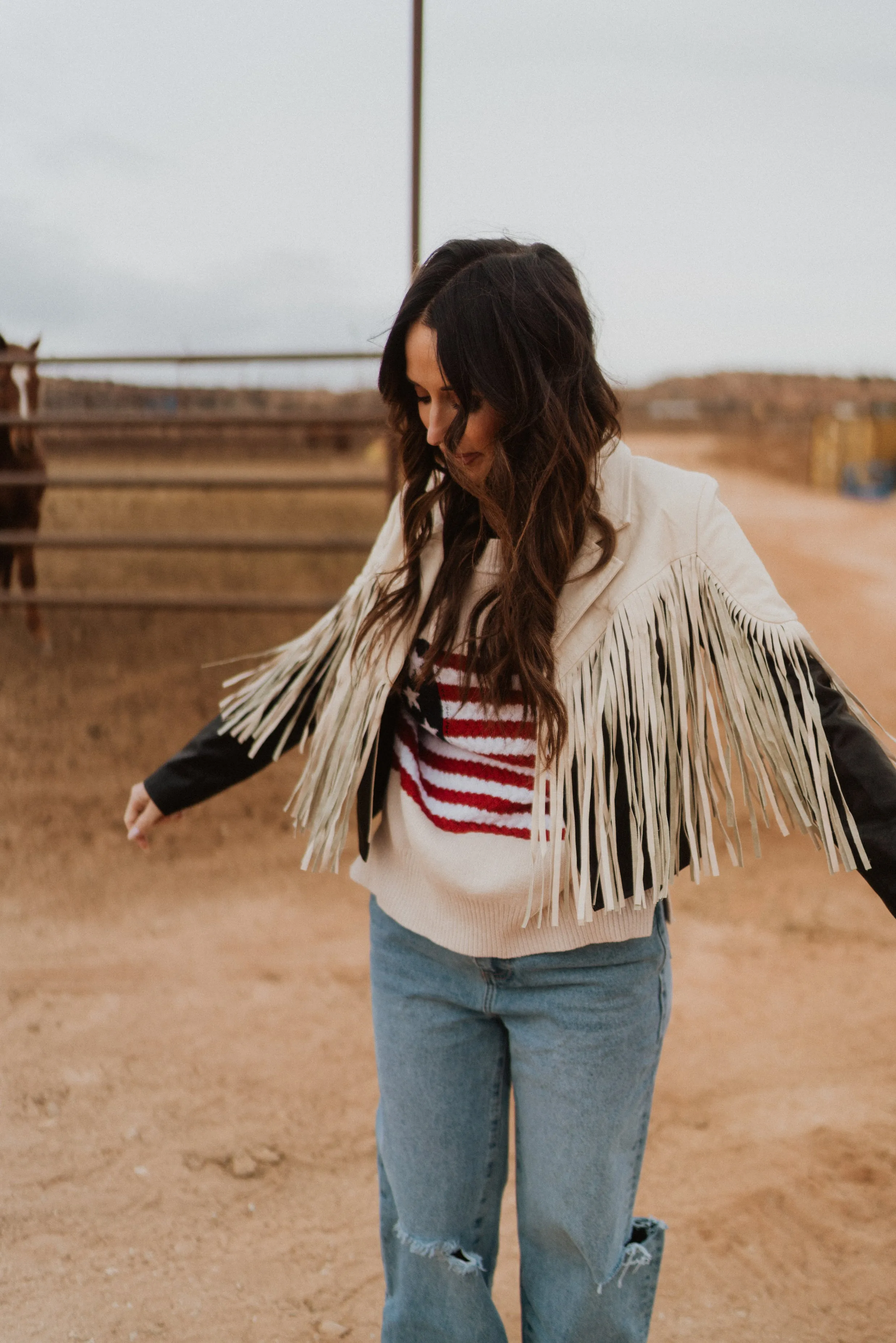 Beige and Black Fringe Jacket sold by Goldie Lew