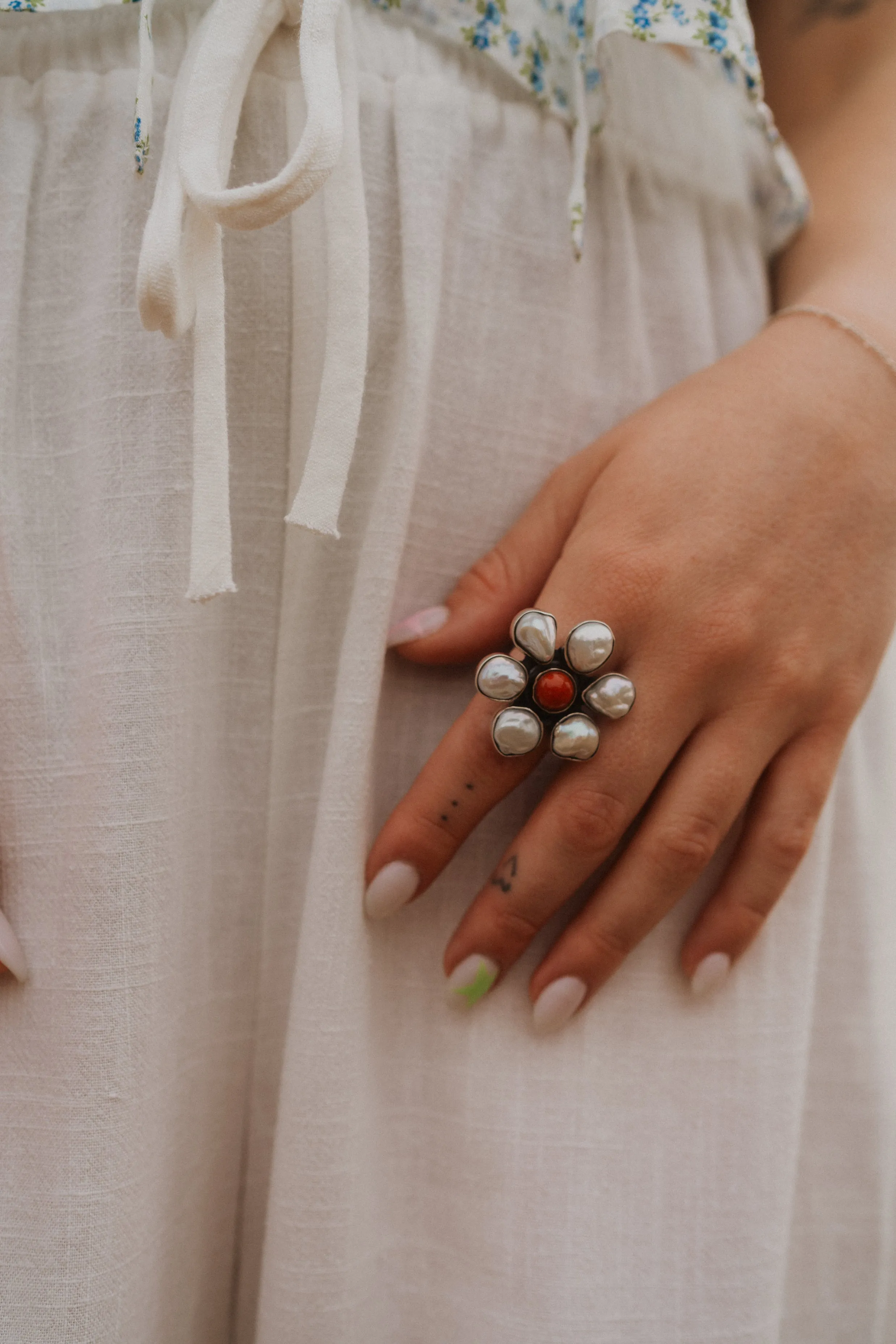 Carnation Ring | Pearl + Coral sold by Goldie Lew