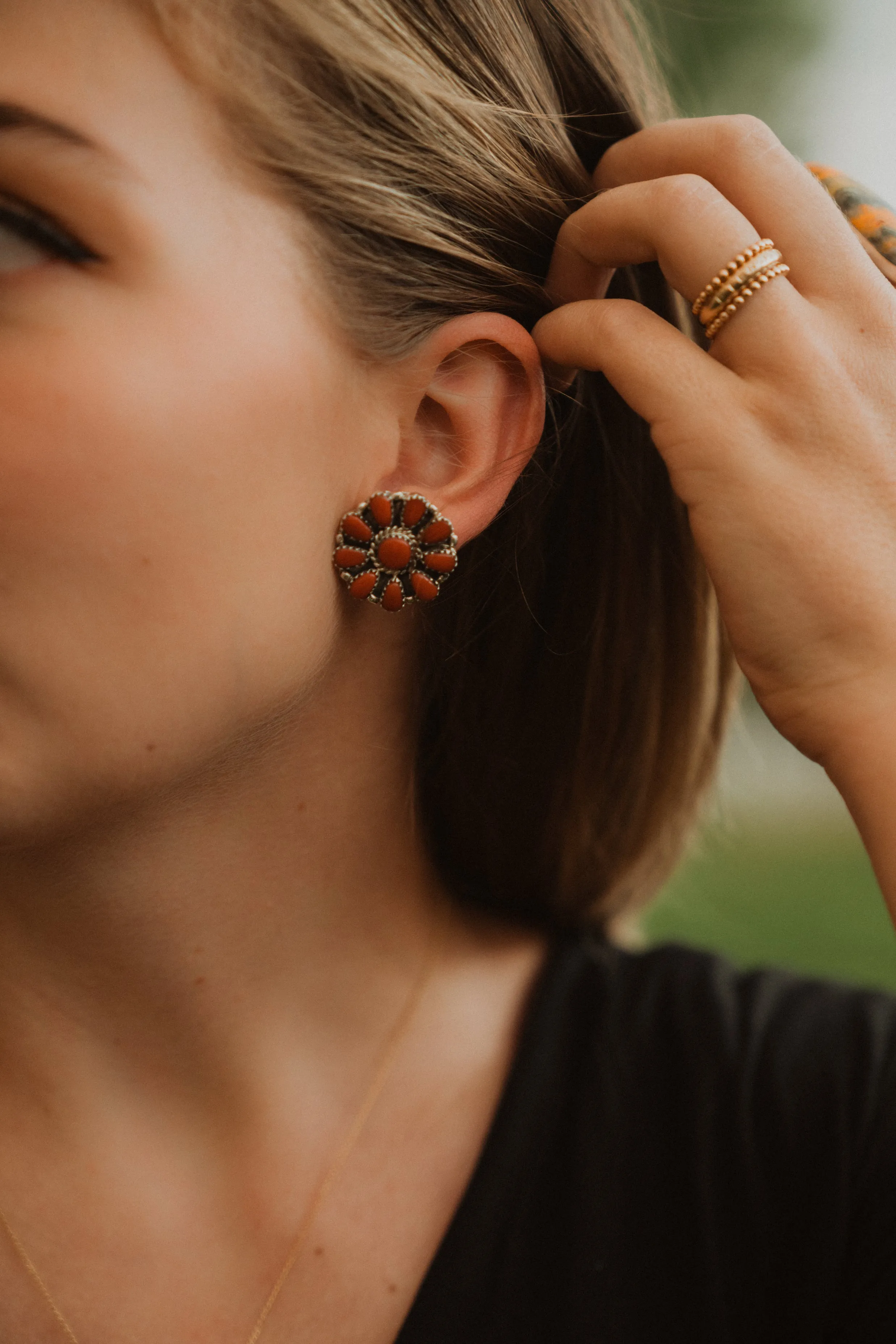 Lucy Earrings | Coral Zuni Stud sold by Goldie Lew product image thumbnail 4