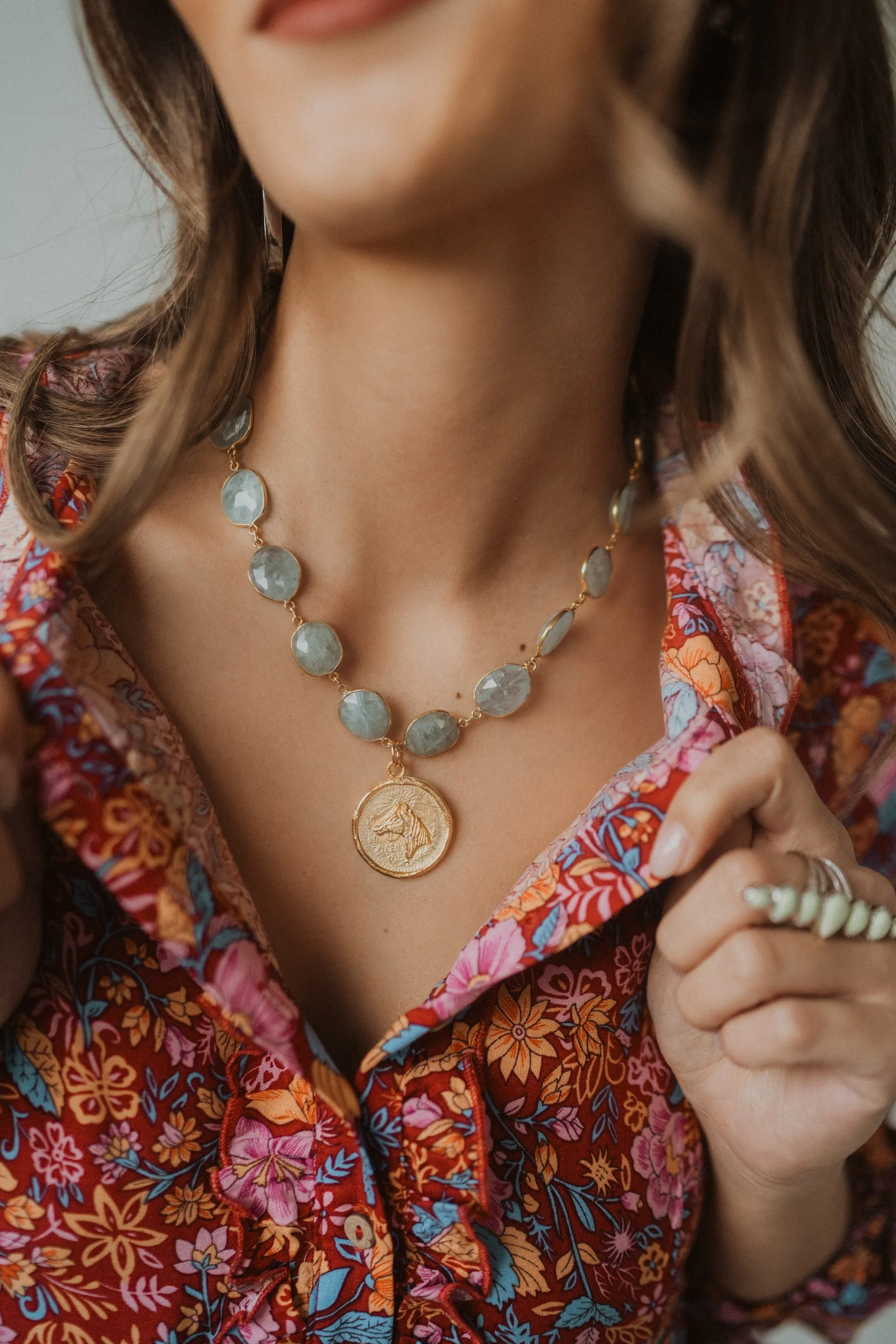 Mexican Horse Coin Necklace | Aquamarine sold by Goldie Lew