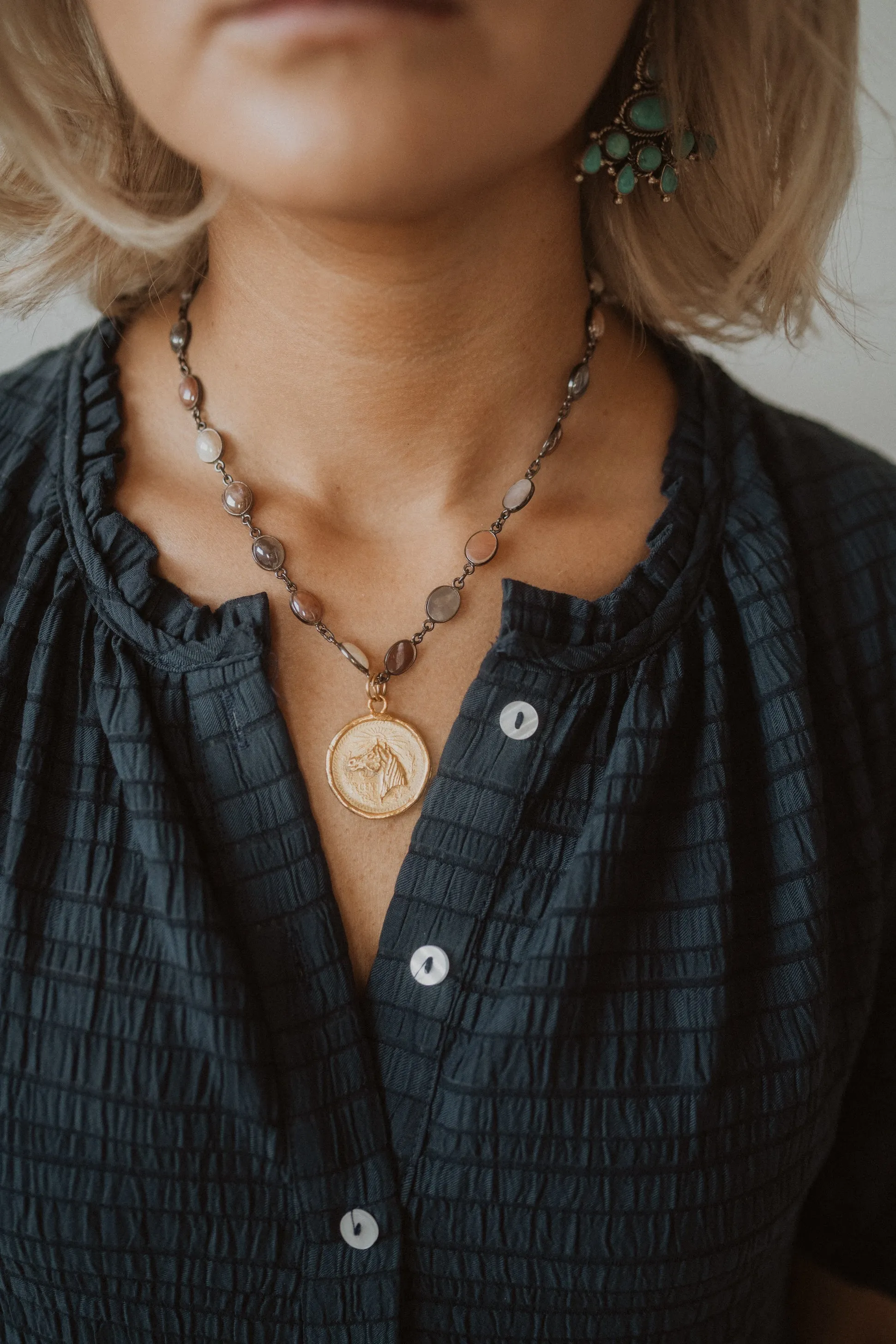 Mexican Horse Coin Necklace | Multi Moonstone sold by Goldie Lew