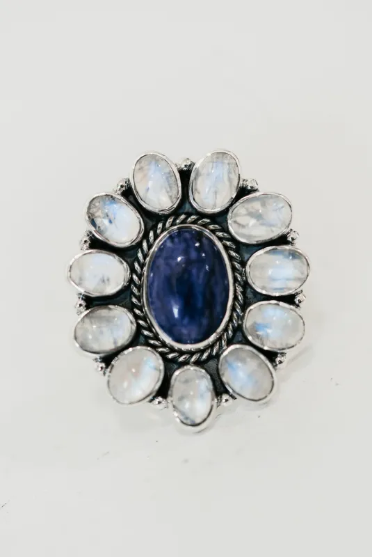 Kelda Ring | Charoite + Moonstone sold by Goldie Lew