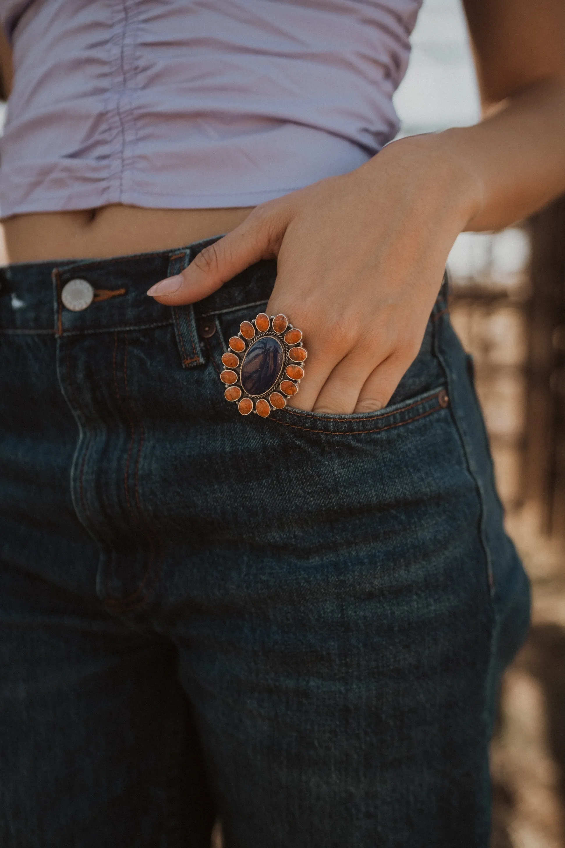 Velveteen Ring | Coral + Blue Lapis sold by Goldie Lew