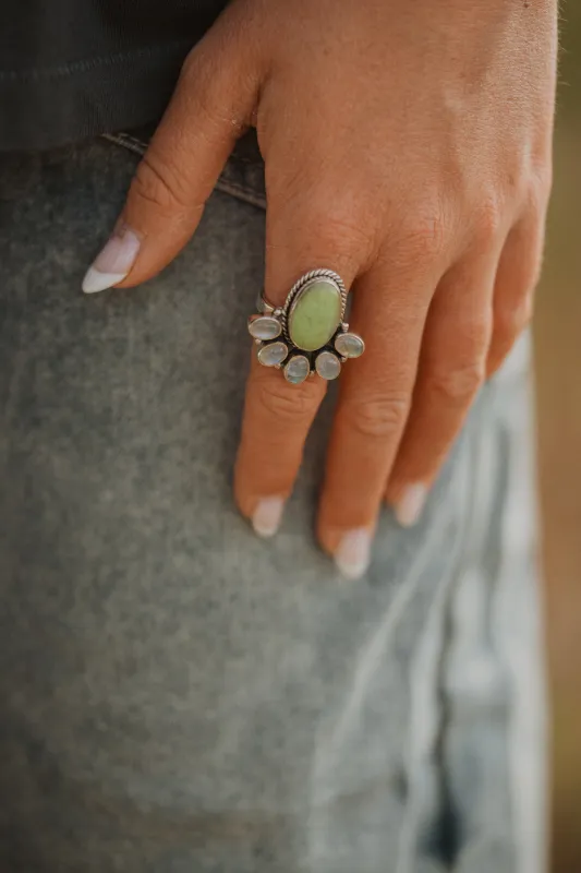 Anora Ring | Lemon Chrysoprase + Moonstone sold by Goldie Lew
