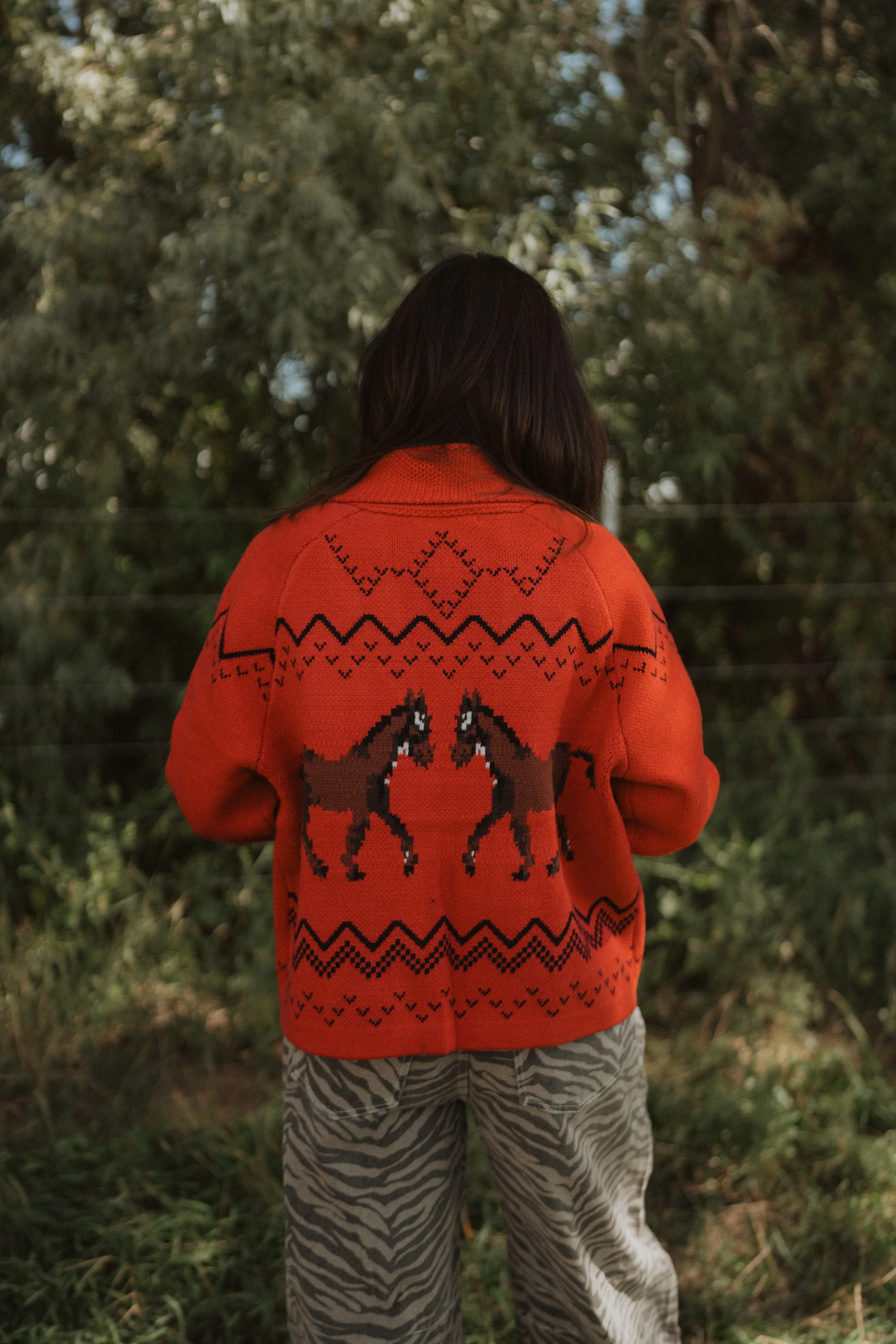 Red Horses Cardigan sold by Goldie Lew
