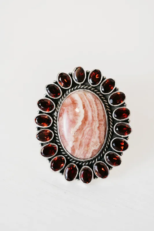 Zoela Ring | Red Garnet + Pink Rhodochrosite made by Goldie Lew