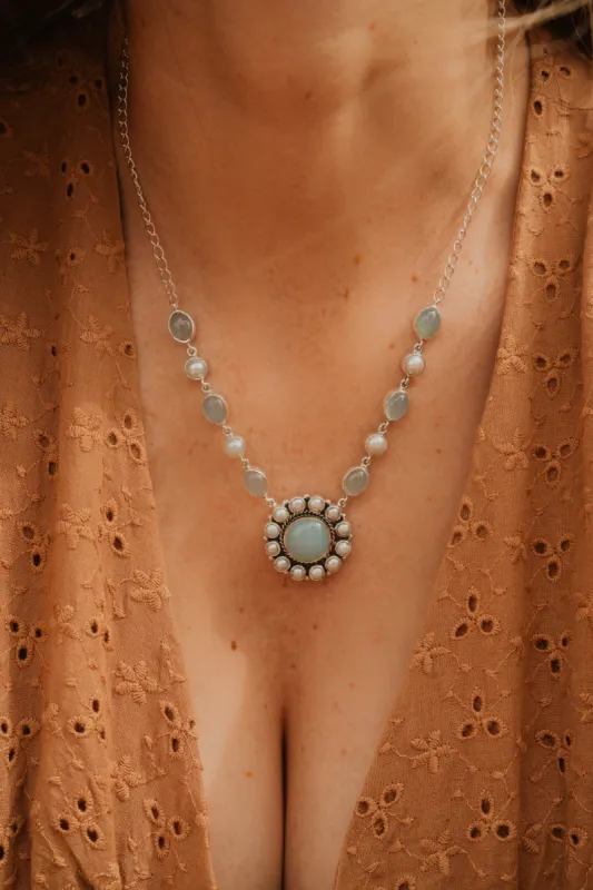 Evelyn Necklace | Aqua Chalcedony + Pearl sold by Goldie Lew
