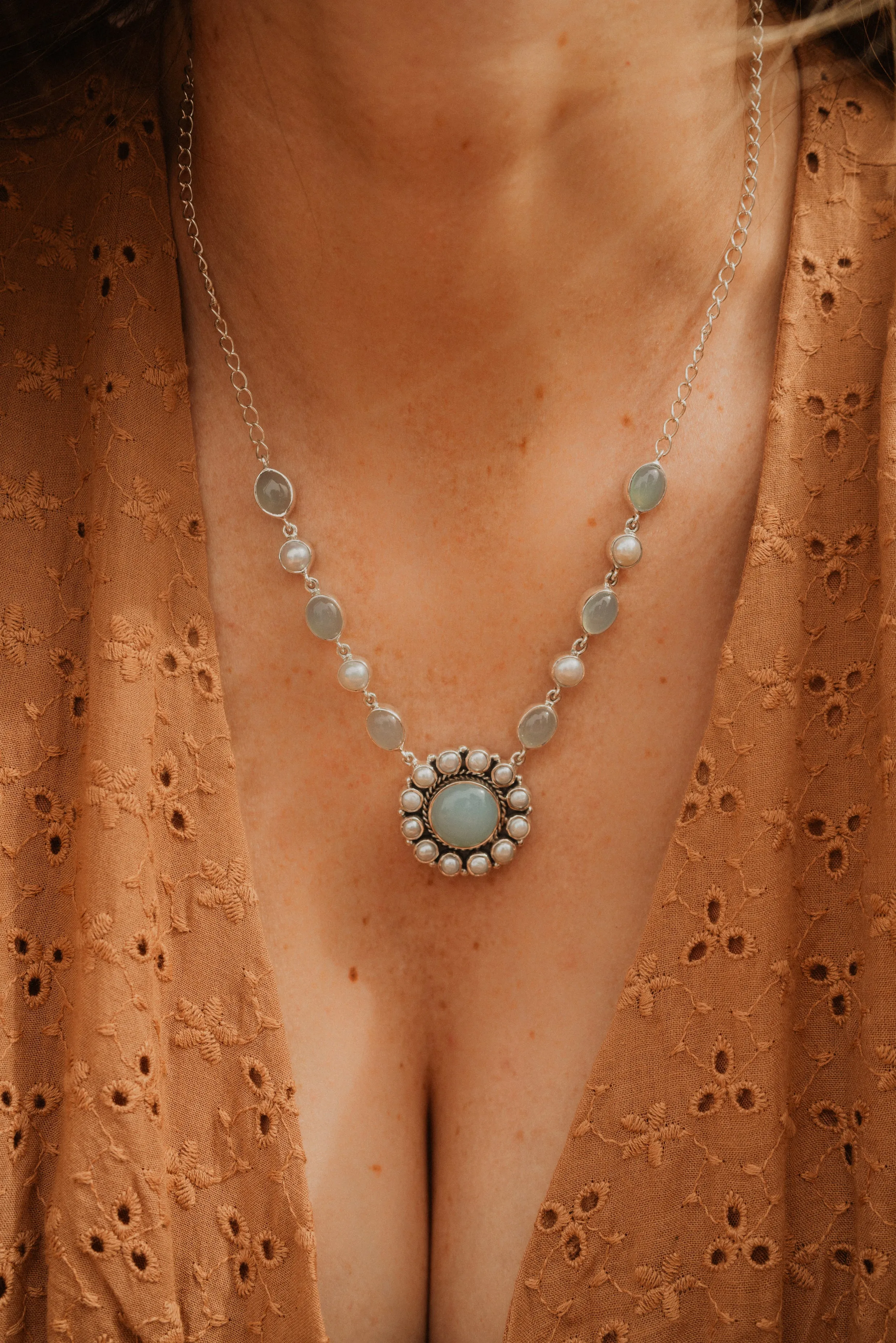 Evelyn Necklace | Aqua Chalcedony + Pearl sold by Goldie Lew