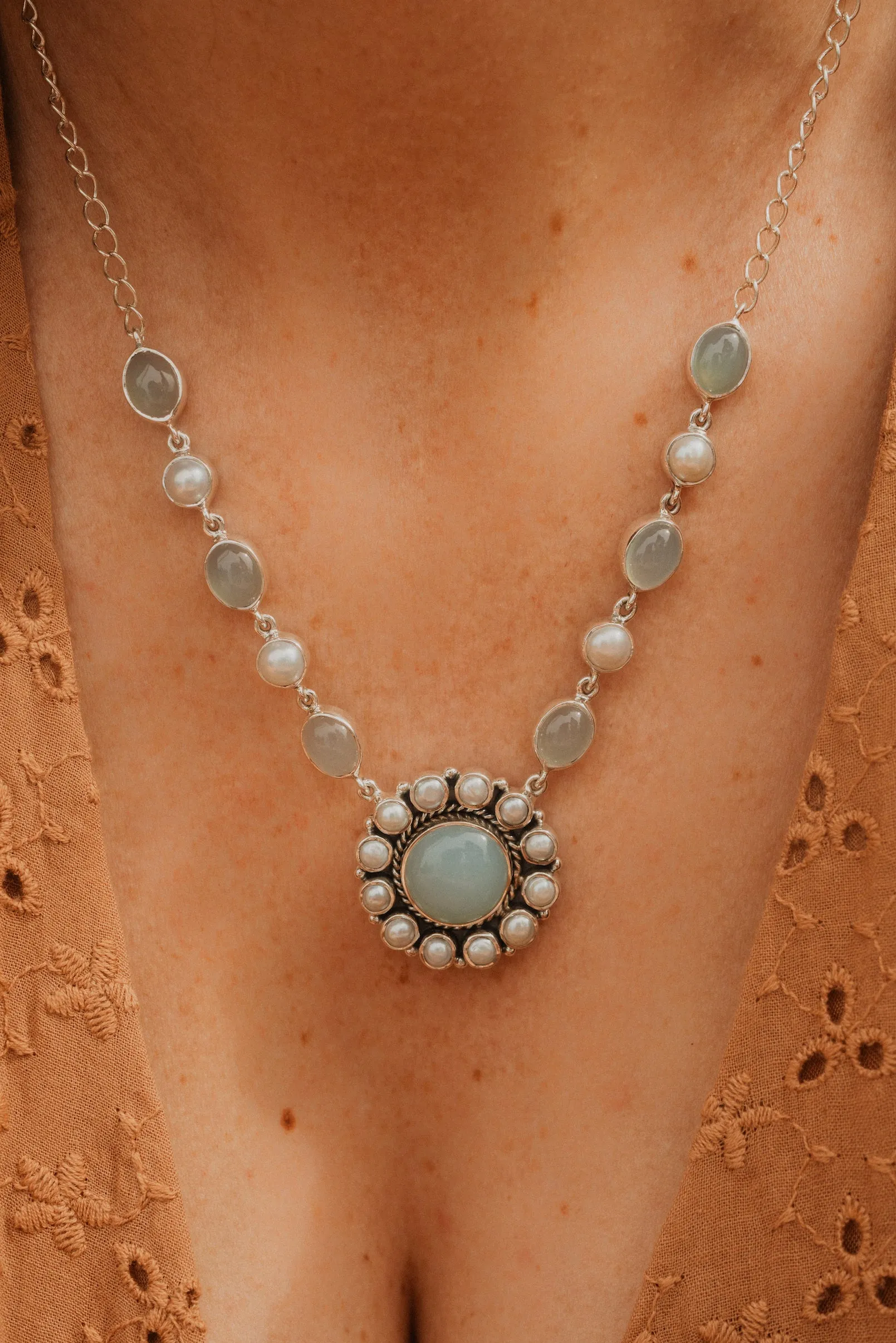 Evelyn Necklace | Aqua Chalcedony + Pearl sold by Goldie Lew product image thumbnail 3