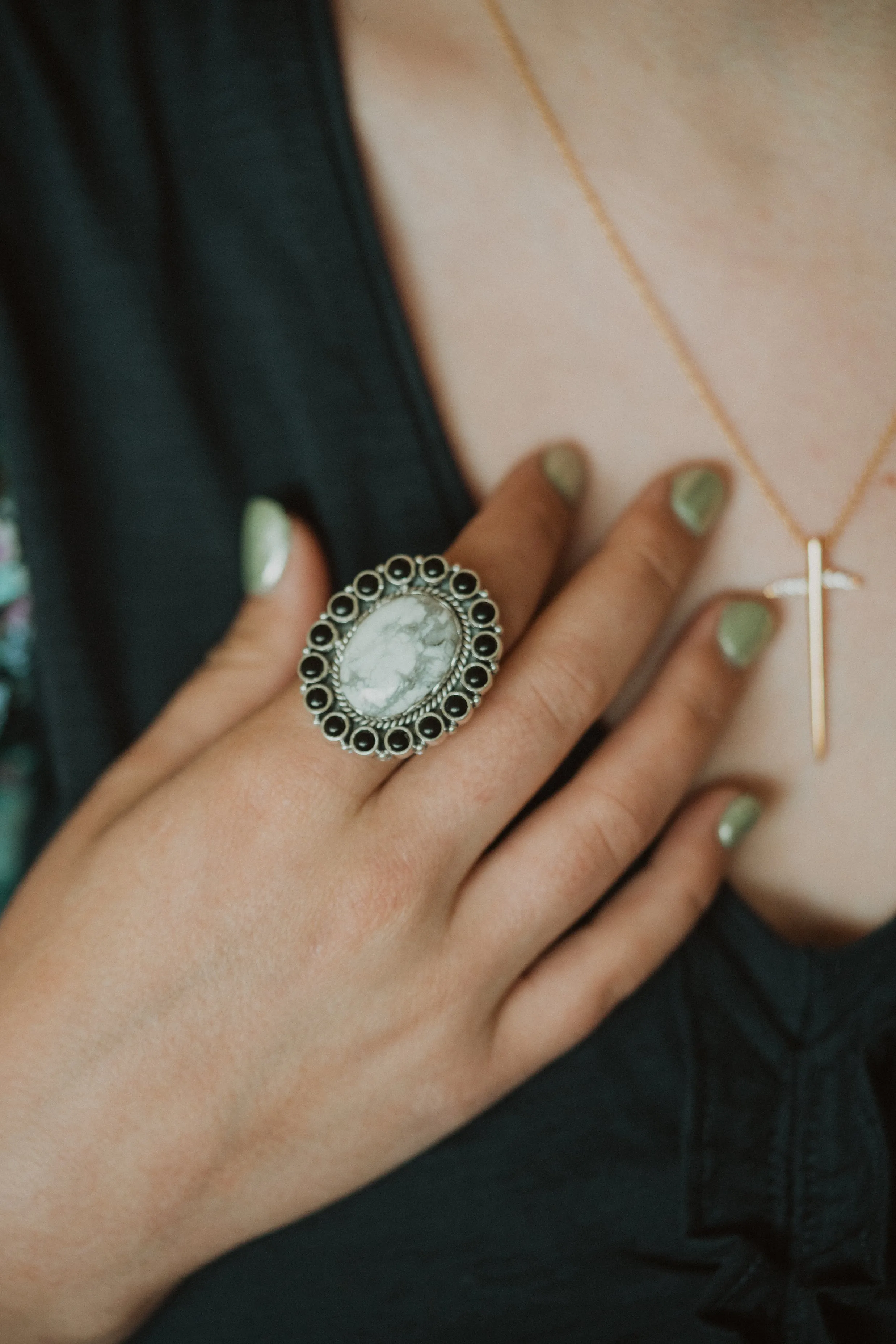 Kippa Ring | Howlite + Black Onyx sold by Goldie Lew product image thumbnail 2