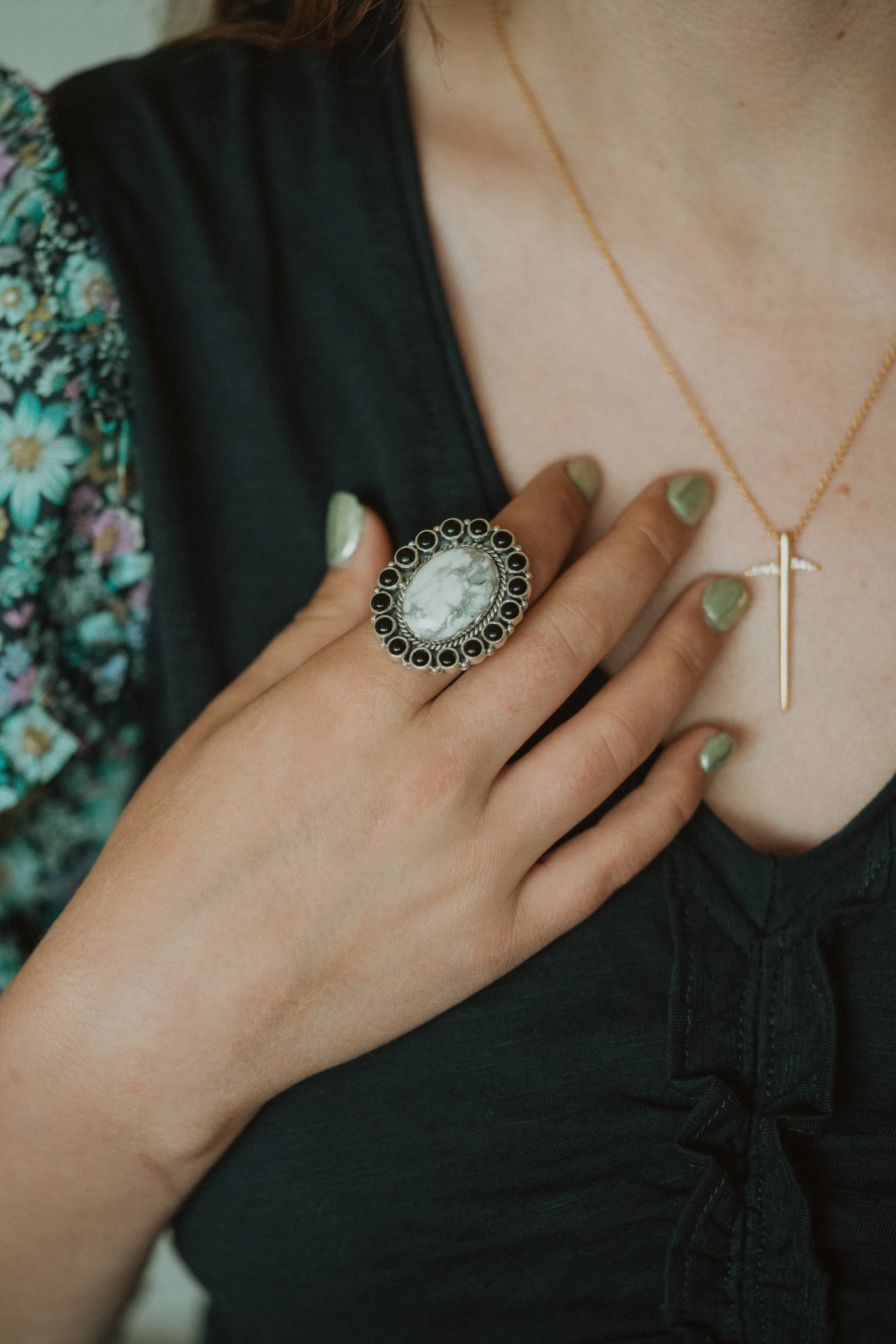 Kippa Ring | Howlite + Black Onyx sold by Goldie Lew