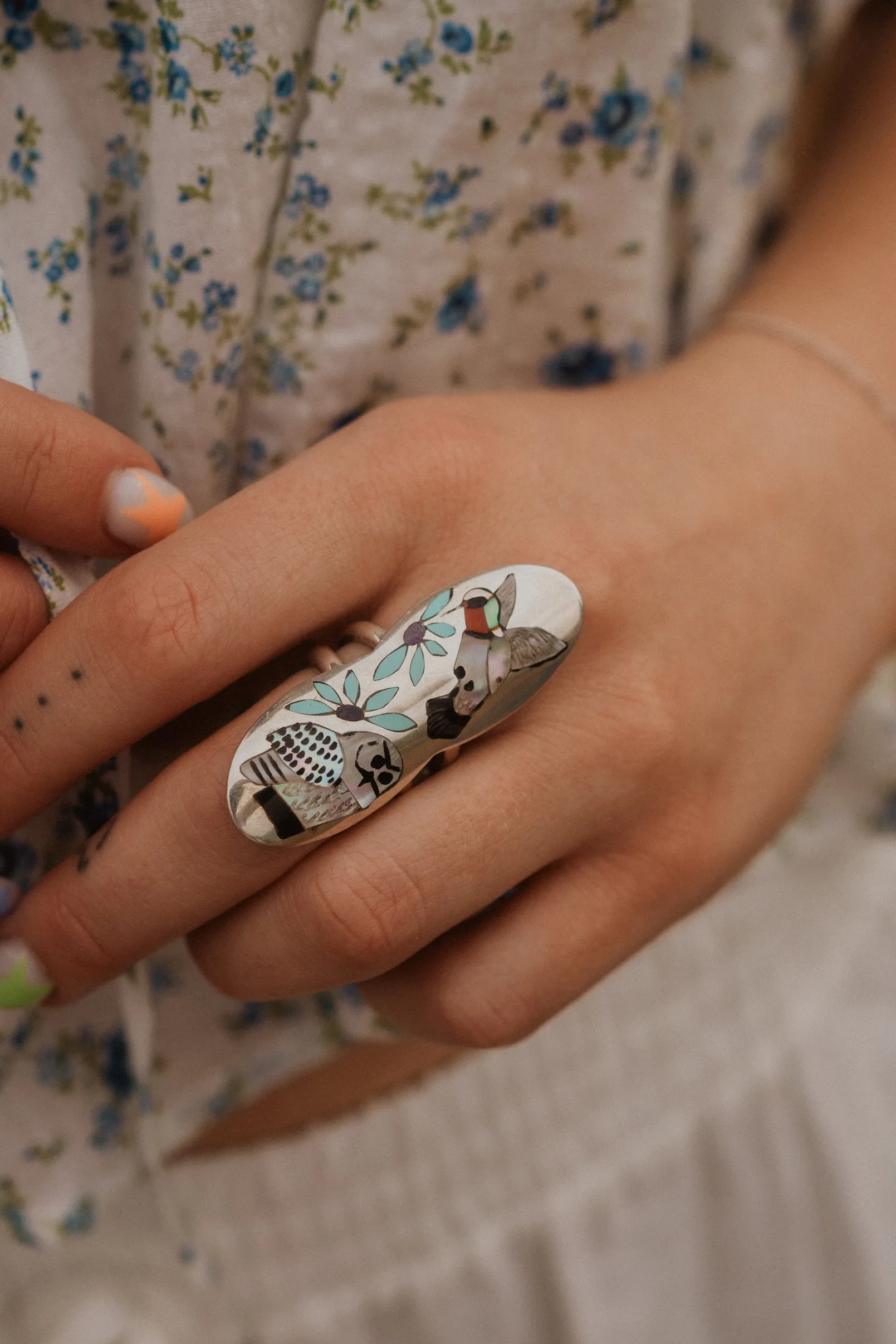 Hummingbird + Owl Ring sold by Goldie Lew