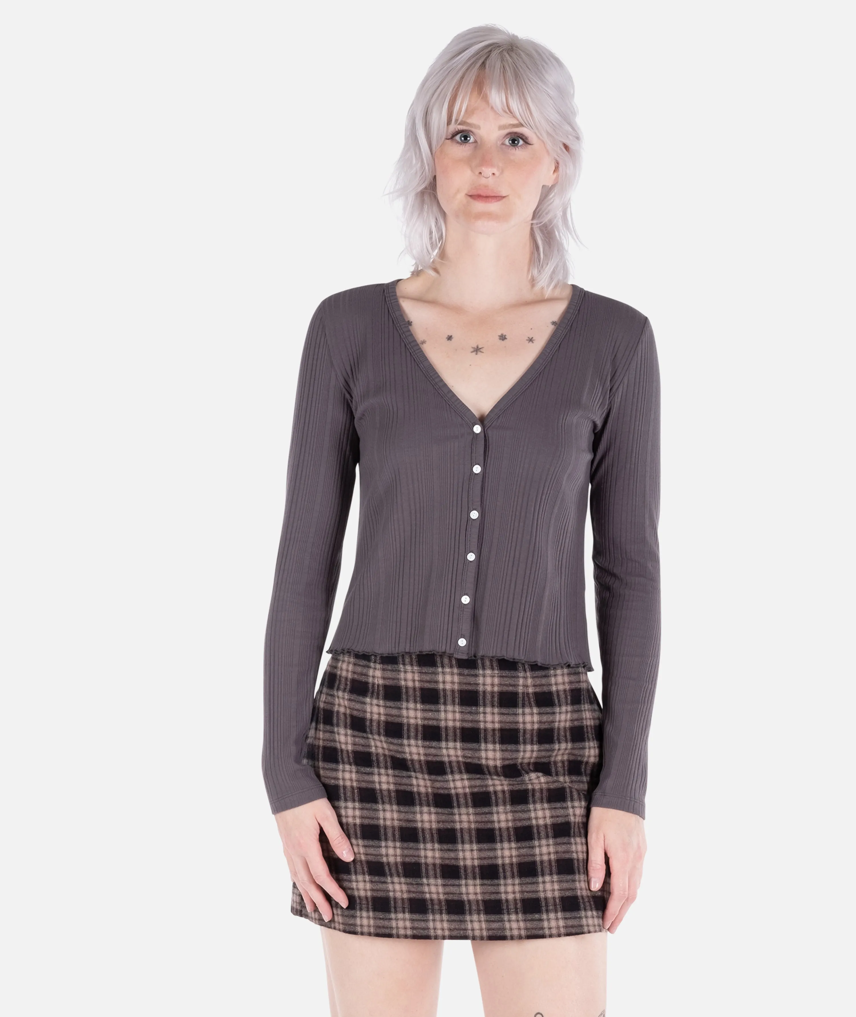 Madison Button Front Long Sleeve - Grey sold by JETTY