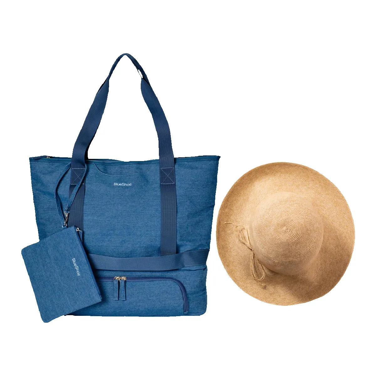 Denim Beach Tote with Insulated Cooler & Straw Hat Holder sold by MinkeeBlue