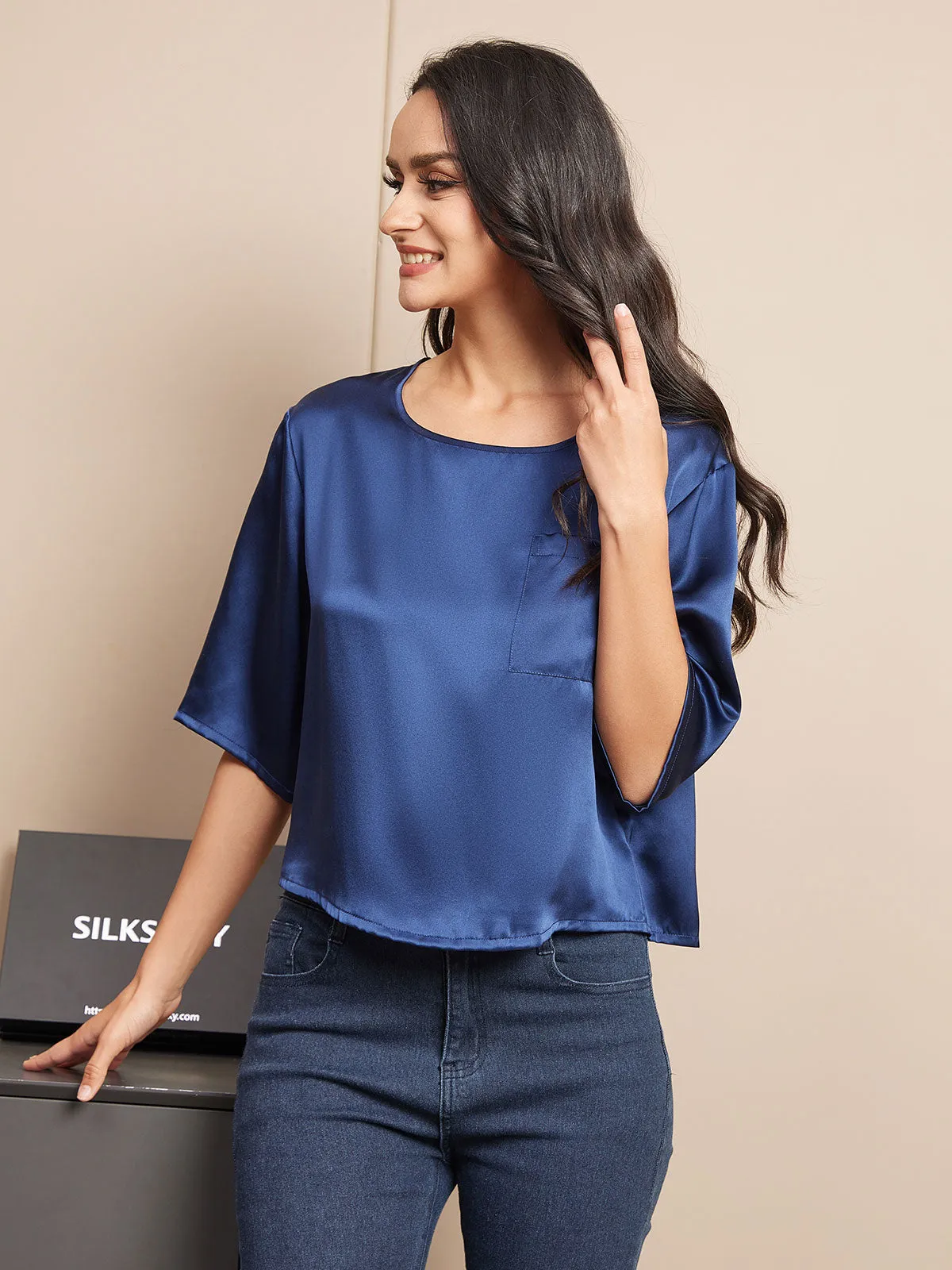 Pure Silk Half Sleeve U Neck Women's T-Shirt sold by SilkSilky product image thumbnail 3