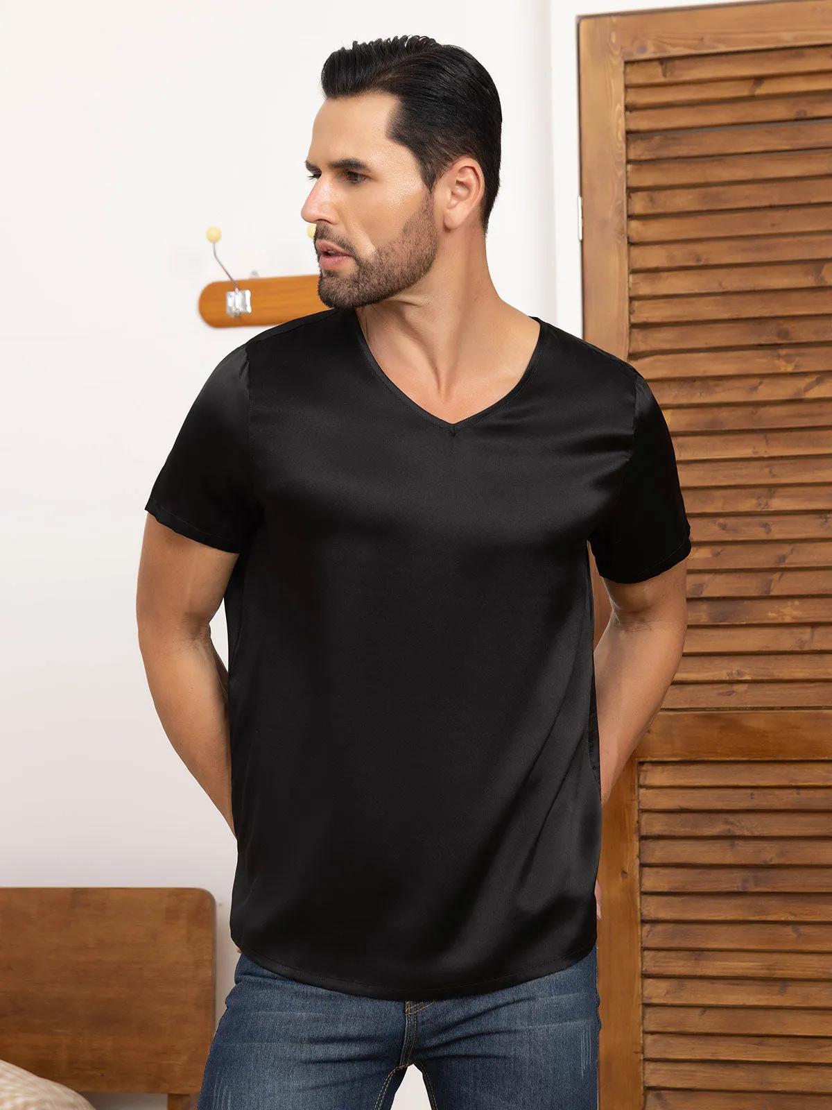 Pure Silk Short Sleeve V-Neck Men's Tee sold by SilkSilky product image thumbnail 5