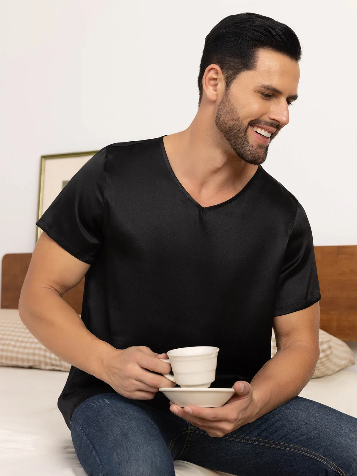 Pure Silk Short Sleeve V-Neck Men's Tee sold by SilkSilky product image thumbnail 4