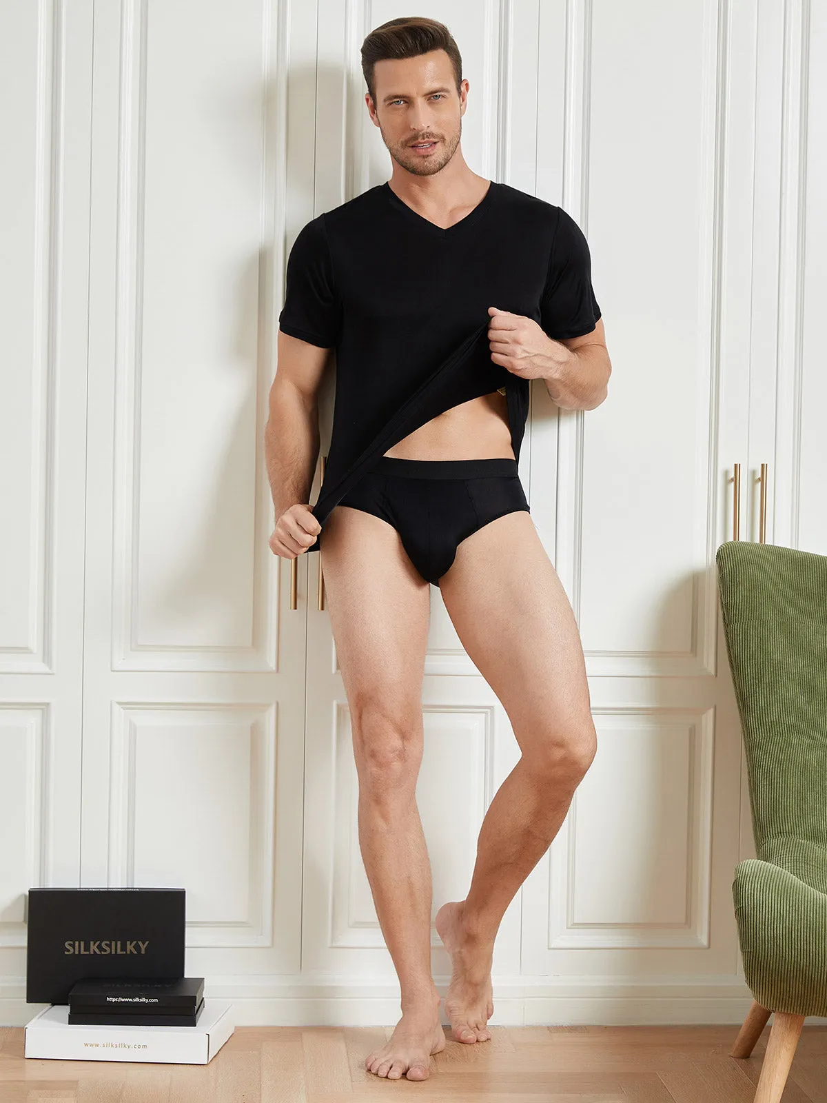 Mens Basic V-Neck Silk Knitted Tee sold by SilkSilky product image thumbnail 4