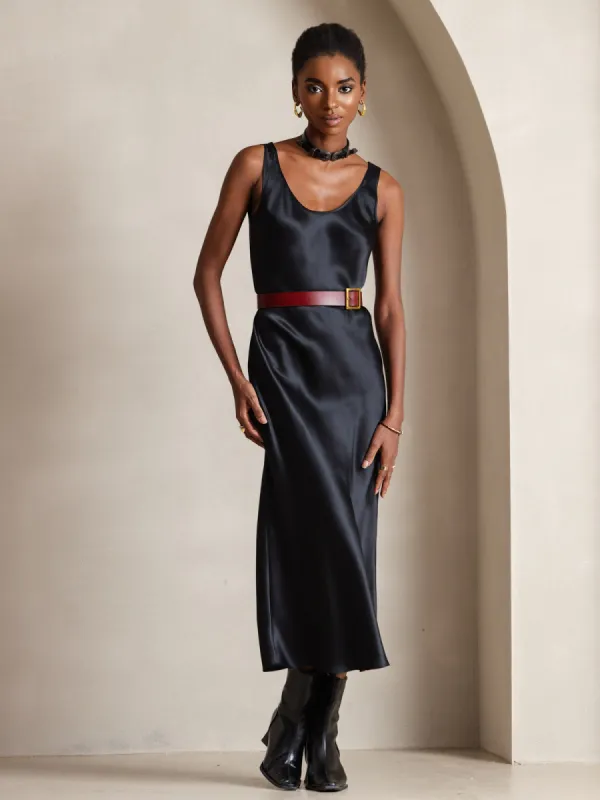 Pure silk wide strap sleeveless long dress sold by SilkSilky