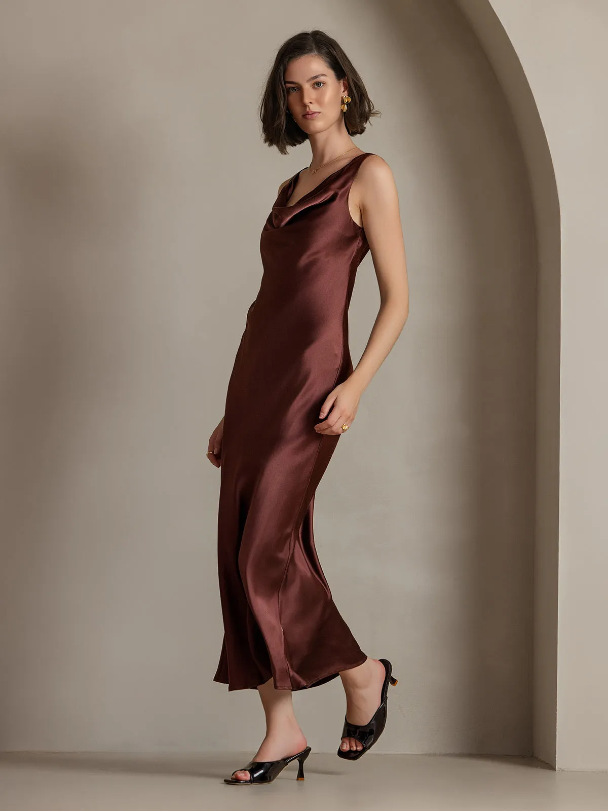 Pure Silk Solid Color Cowl Neck Slip Long Dress sold by SilkSilky product image thumbnail 4