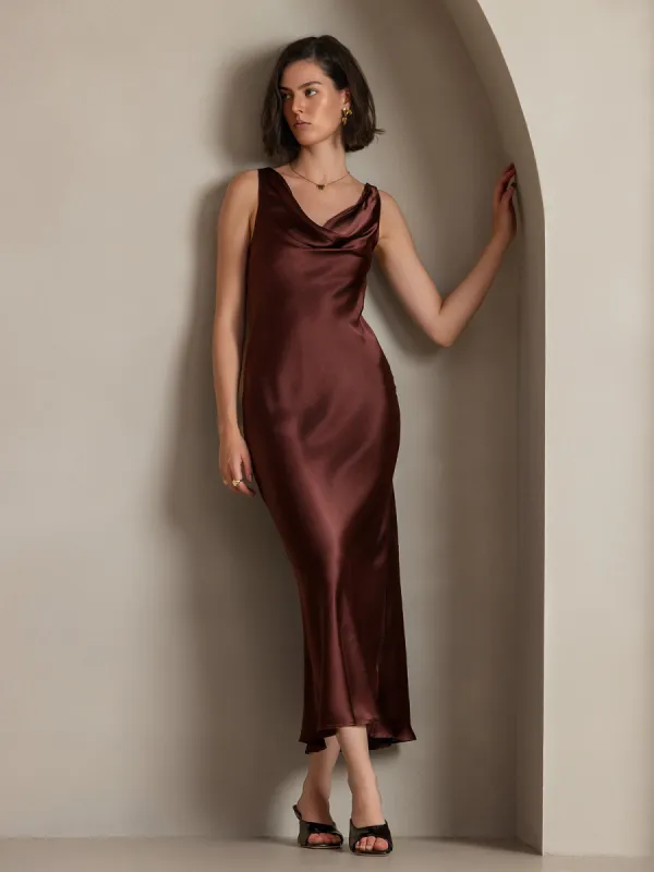 Pure Silk Solid Color Cowl Neck Slip Long Dress sold by SilkSilky