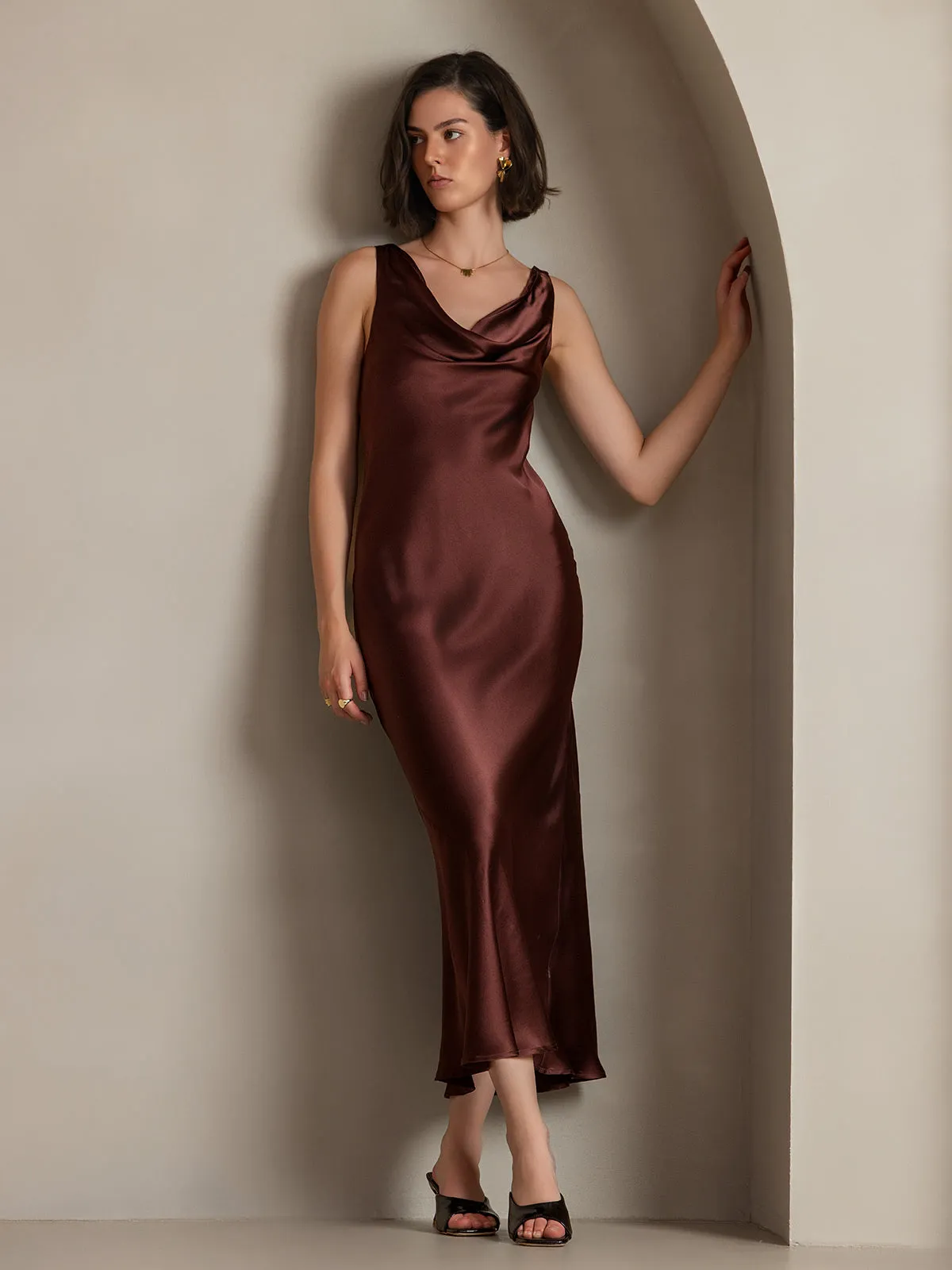 Pure Silk Solid Color Cowl Neck Slip Long Dress sold by SilkSilky
