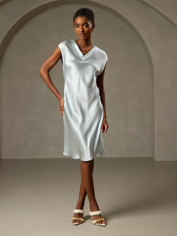 Pure Silk Solid Color Elegant Short Sleeves Dress sold by SilkSilky