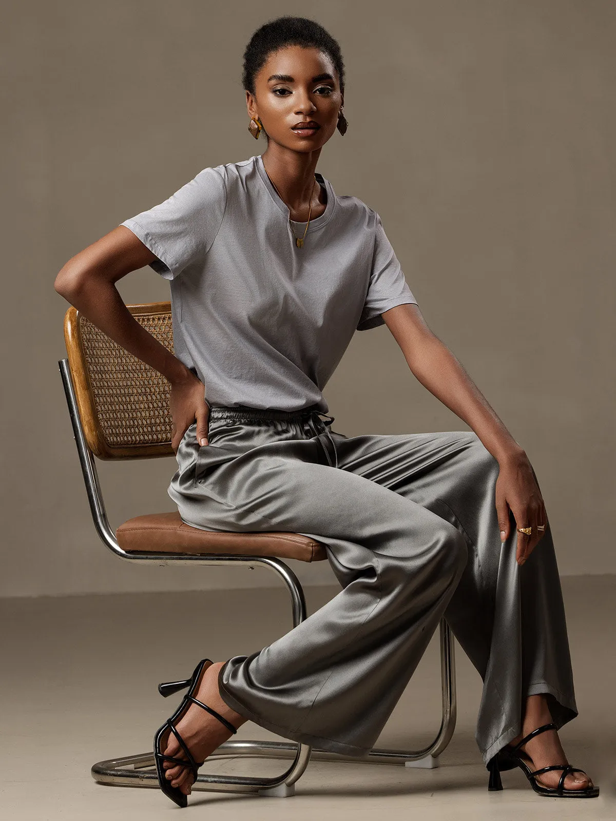 Pure Silk Wide Leg Women's Pants with Elastic Waist Design sold by SilkSilky