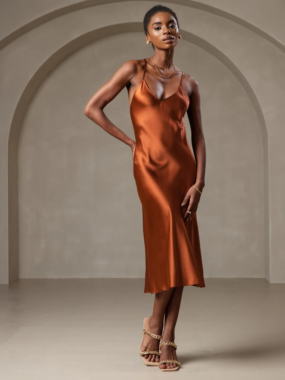 Pure Silk Spaghetti Strap V Neck Midi Dress with Criss Cross Back Design sold by SilkSilky product image thumbnail 3