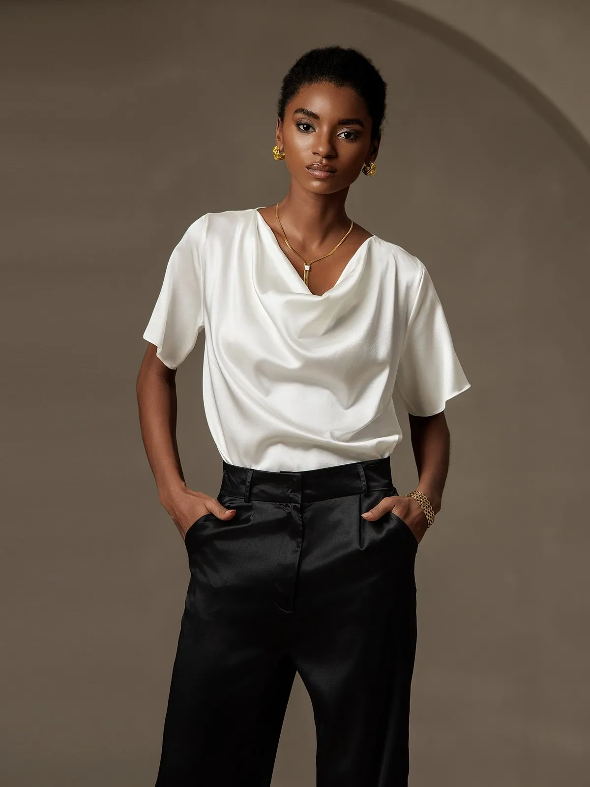 Silk Cowl Neck Short Sleeve T-Shirt sold by SilkSilky product image thumbnail 3