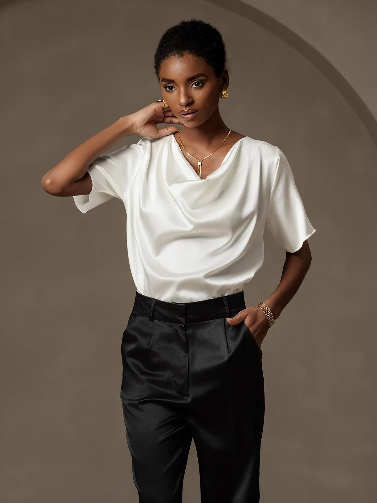 Silk Cowl Neck Short Sleeve T-Shirt sold by SilkSilky product image thumbnail 5