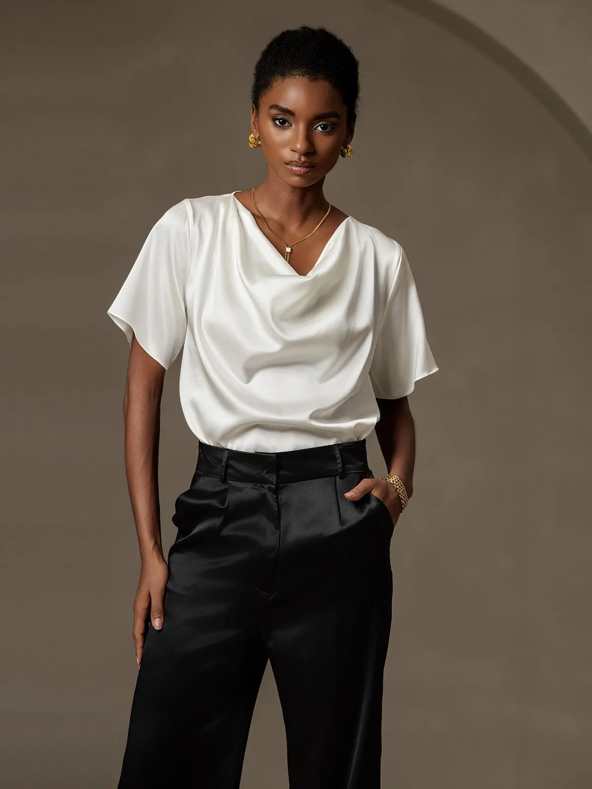 Silk Cowl Neck Short Sleeve T-Shirt sold by SilkSilky product image thumbnail 4