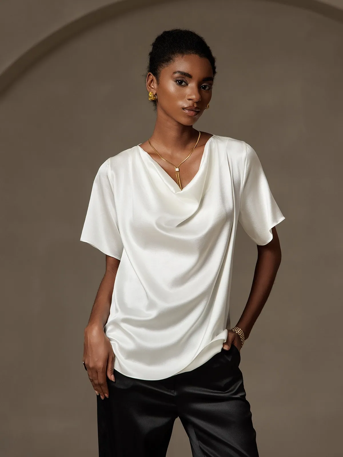 Silk Cowl Neck Short Sleeve T-Shirt sold by SilkSilky