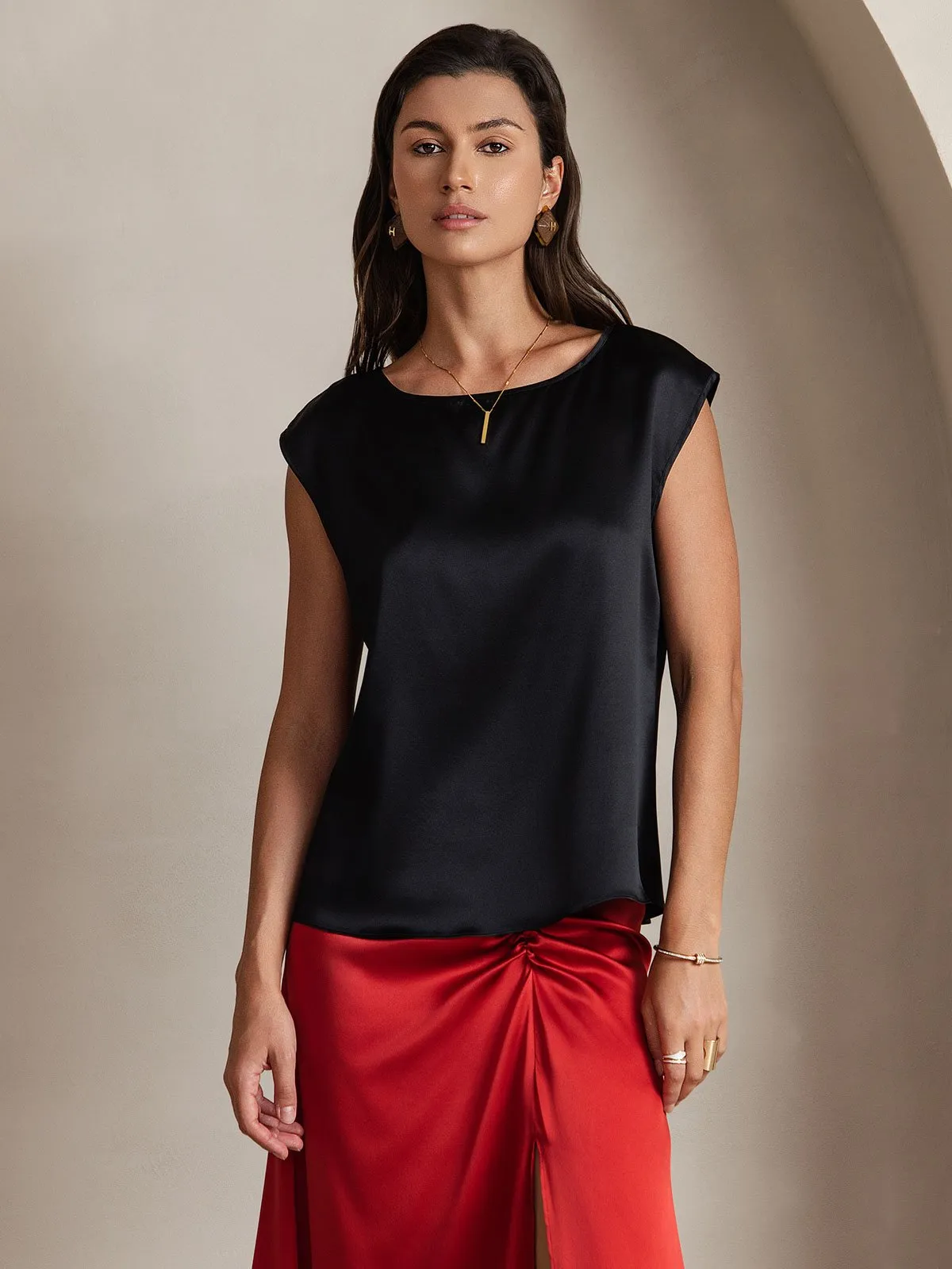 19Momme Silk Cap Sleeve Round Neck Women's Top sold by SilkSilky