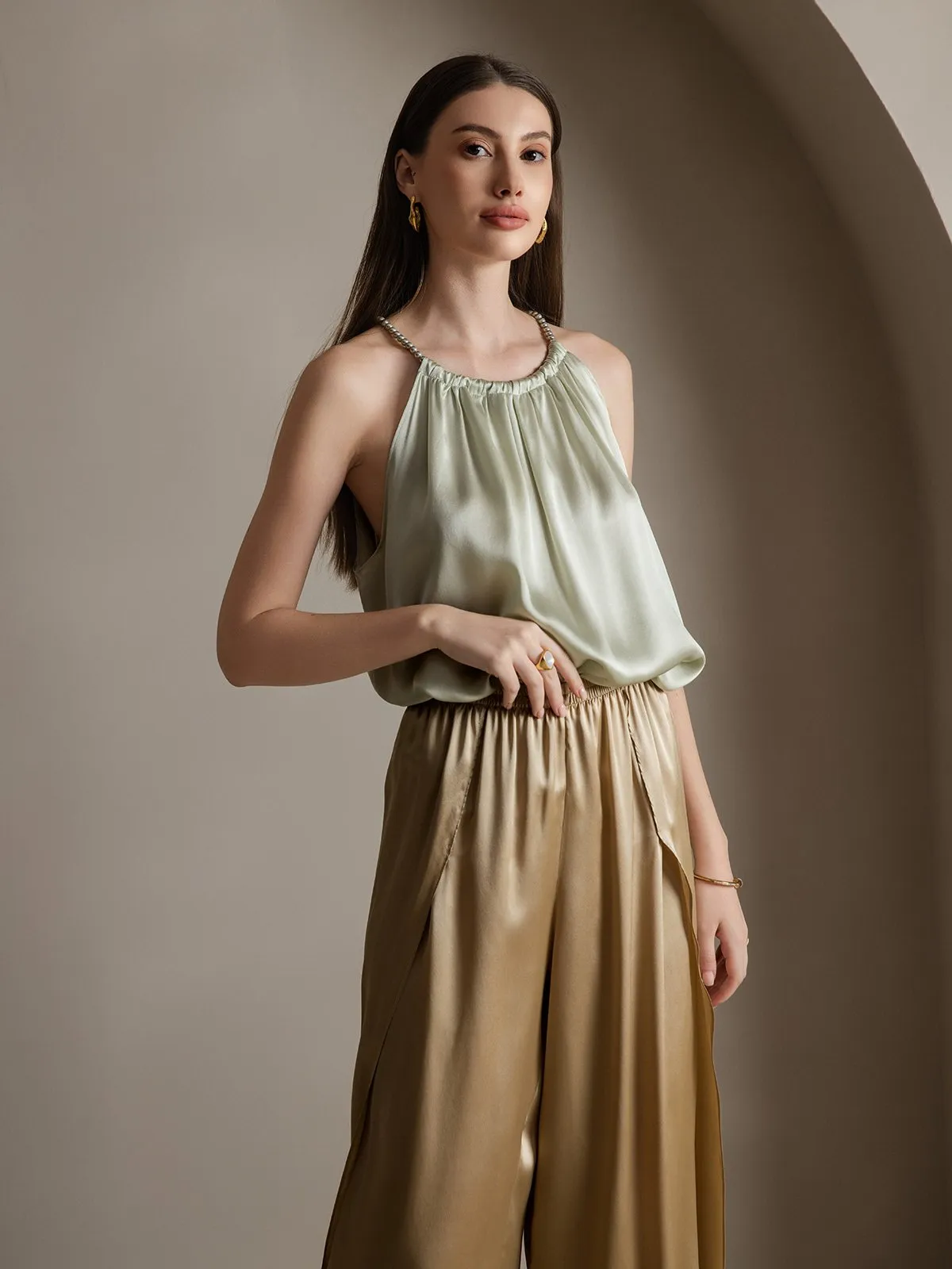 19Momme Silk Relaxed Pearl-tie Neck Tank Top sold by SilkSilky product image thumbnail 3