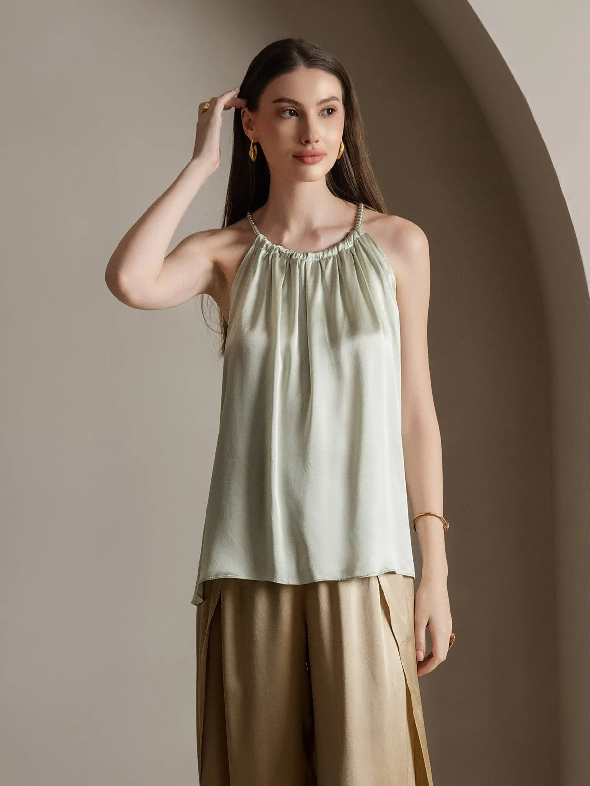 19Momme Silk Relaxed Pearl-tie Neck Tank Top sold by SilkSilky
