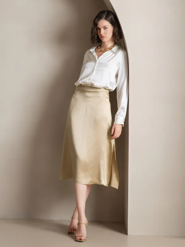 19Momme Silk A Line Long Slit Skirt with Zipper Design sold by SilkSilky