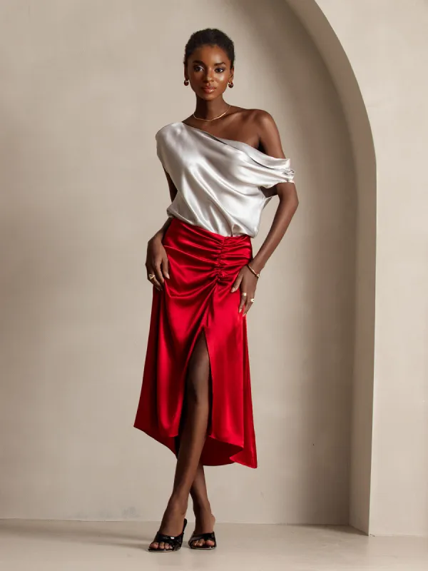 19Momme Silk Sexy Pleated High Slit Skirt sold by SilkSilky