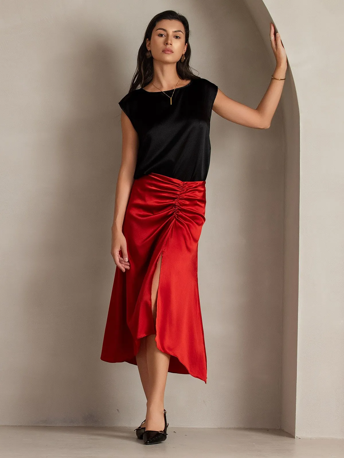 Silk Pleated High Slit Skirt sold by SilkSilky