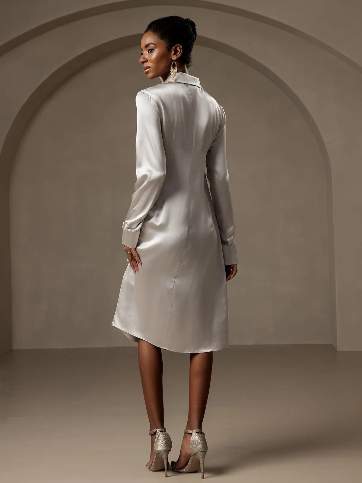 19Momme Silk Long Sleeve Lapel Collar Wrap Dress with Split Design sold by SilkSilky product image thumbnail 2