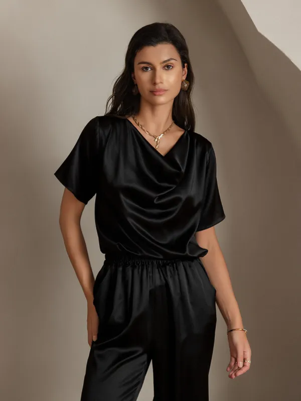 19Momme Women's Silk Short Sleeve Cowl Neck T-Shirt sold by SilkSilky